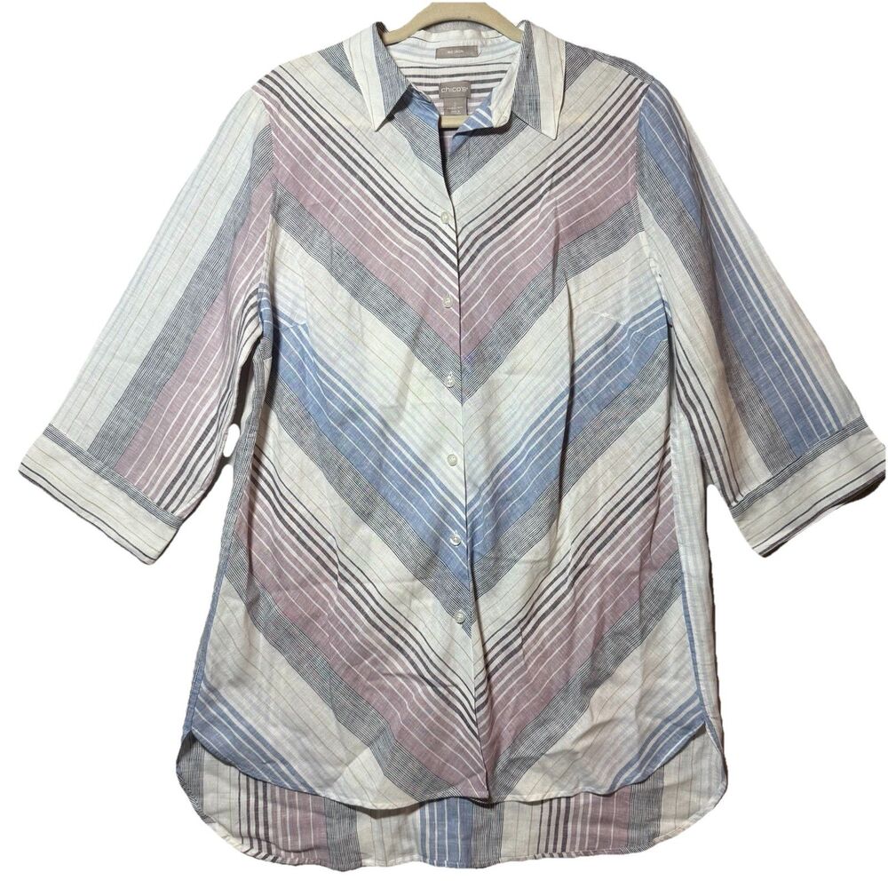 Chico's Linen Tunic Blouse Women's Size 2 Purple Blue Striped 3/4 Sleeve Button